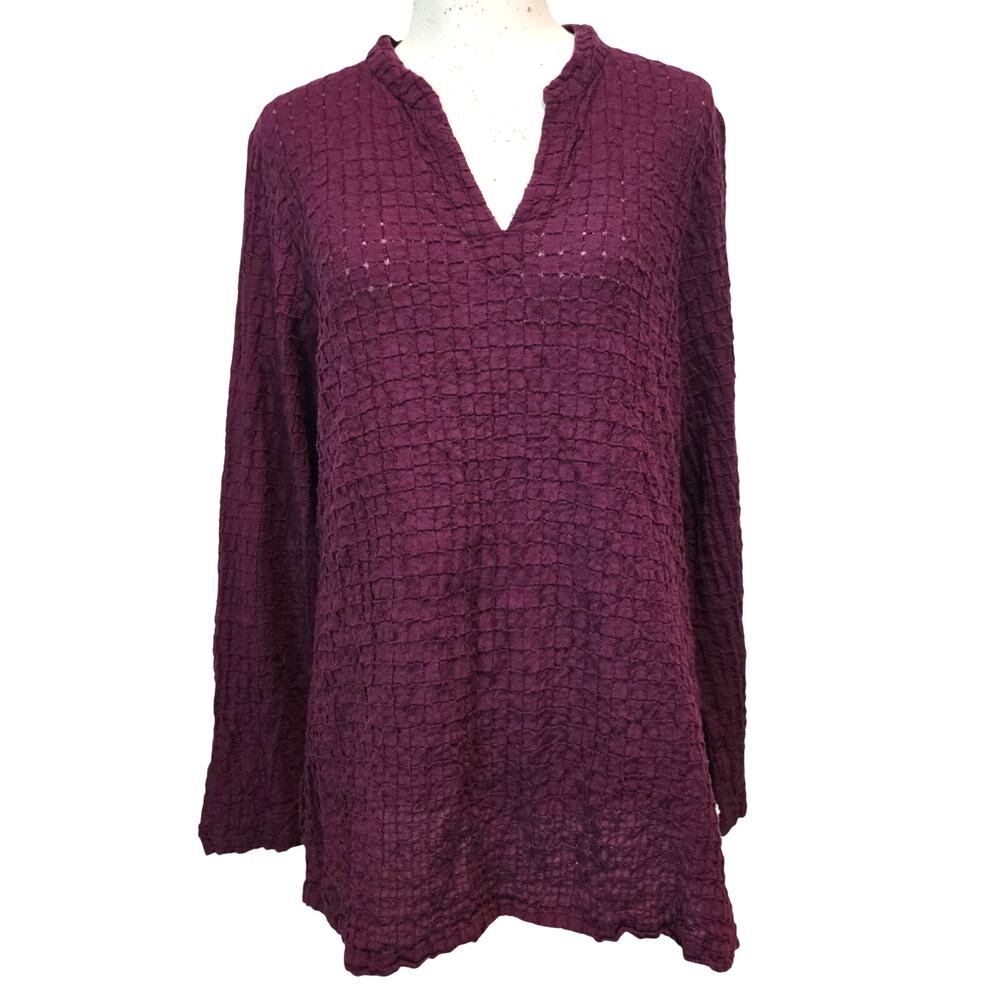 Eileen Fisher M Puckered Crinkle Texture Plum Cotton V-Neck Popover Blouse Tunic